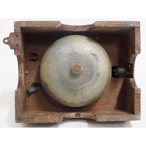 1149 - Wooden cased shelf bell, bell is underslung, coils housed in steel case mounted on wooden stand, non... 