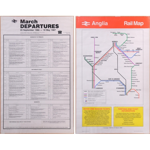 1157 - BR(E) poster, MARCH, train departures 1986-1987, includes THE EUROPEAN Harwich-Glasgow, Edinburgh bo... 