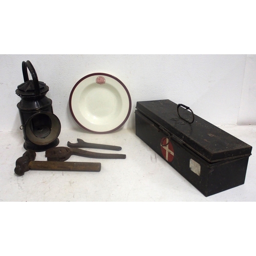 1166 - Miscellaneous items - S(E)R handlamp, no glasses or wick assembly, First Aid box (hinge broken), GER... 