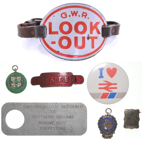 1190 - Badges, GWR Look Out armband, SR Folkstone Marine Dept Porters check, BR(M) Porter totem badge (Gaun... 