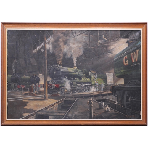 1194 - Original painting, GWR Castle Class, BISHOP'S CASTLE, in roundhouse, by P Kilner, oil on canvas, fra... 