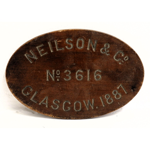 606 - Wooden/fibre pattern for worksplate, Neilson & Co, 3616 Glasgow 1887,  6¼