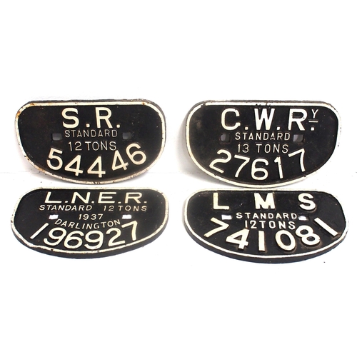 658 - Big Four Railway Companies C/I D wagonplates - GWR 13T 27617, SR 12T 54446, LMS 12T 741081, LNER 12T... 