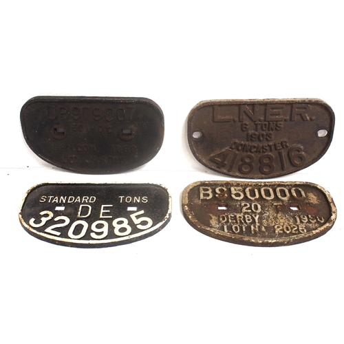 670 - D C/I wagon plates - LNER 6 Tons 1903 Doncaster 418816, Standard DE 320895, DB979007 50 Tons Shildon... 