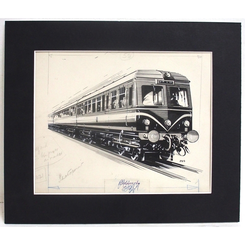 673 - Original ink artwork as commissioned by British Railways of DMU at speed on card, has written notes ... 