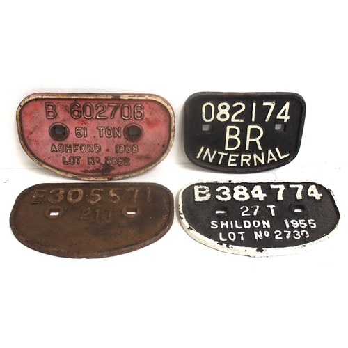 674 - British Railways C/I wagonplates - BR Internal 082174, B602706 51T Ashford 1968, E305571 21T, B38477... 