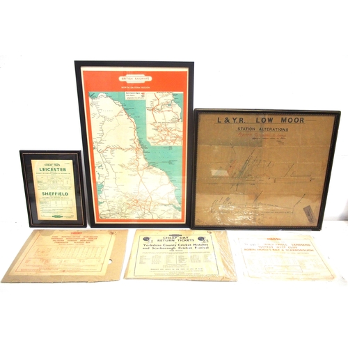 712 - Miscellaneous paperwork & framed & glazed including Lancashire & Yorkshire Rly plan for Low Moor Sta... 