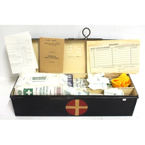 728 - British Railways tinplate (embossed) First Aid Box complete with contents, accident record states Wr... 