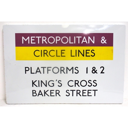 827 - London Underground flanged enamel notice referencing the Met & Circle Lines, Kings Cross, Baker Stre... 