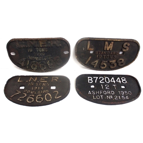 868 - Cast iron D wagon plates - LNER 10T 1920 Doncaster 416693, LNER 10T 1914 Cowlairs 726602, LMS 12T 14... 