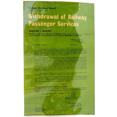 956 - British Railway closure poster for the Malton to Whitby line - closure of Goathland, Levisham, Picke... 