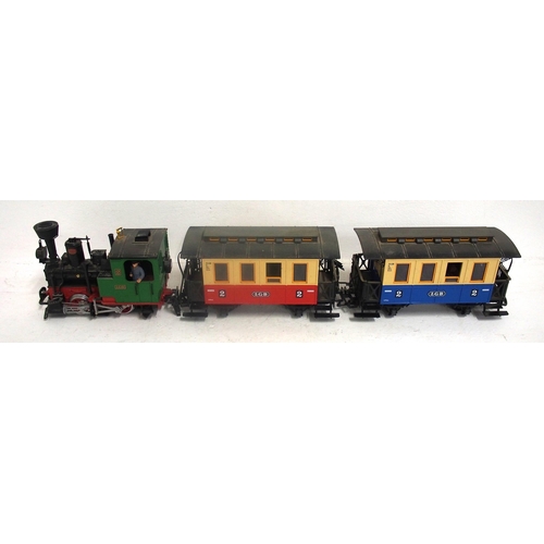 960 - LGB garden railway 0-4-0 locomotive & two carriages, appear complete not tested. (3) (Dispatch by Ma... 