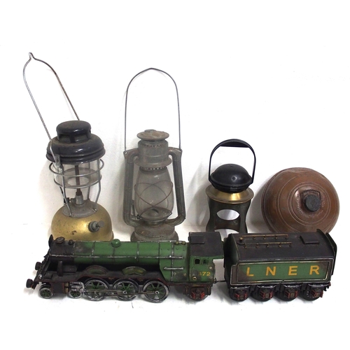 976 - Miscellaneous items - Tilley lamp (good), storm lamp, LMS C/I hammer, BR alloy coach ashtray, signal... 