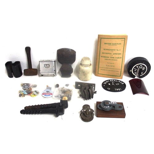 976 - Miscellaneous items - Tilley lamp (good), storm lamp, LMS C/I hammer, BR alloy coach ashtray, signal... 