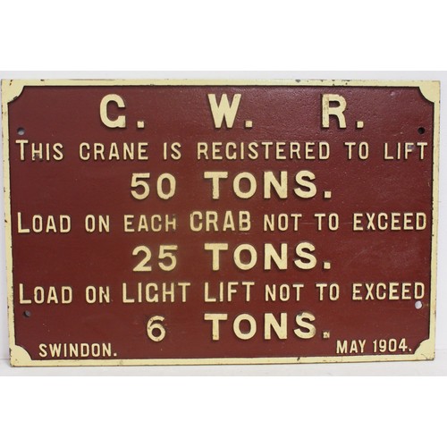 994 - Great Western Railway C/I crane plate from Swindon Works Electro Hydraulic crane as fixed to the cab... 