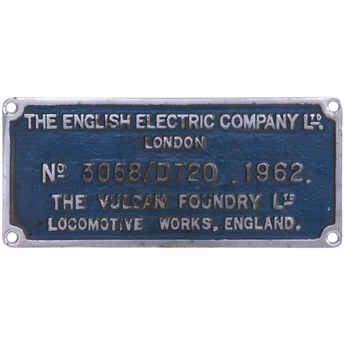 110 - A worksplate, ENGLISH ELECTRIC/VULCAN FOUNDRY, 3058/D720, 1962 from a BR Class 37 No D6766 built in ... 