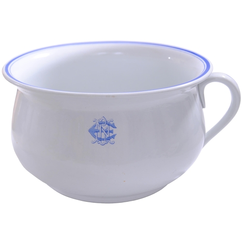 126 - A Great Northern Railway chamber pot by Minton, blue monogram and decoration, 9