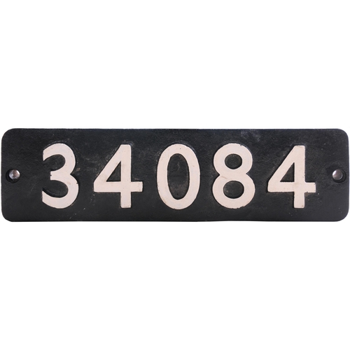 127 - A smokebox numberplate, 34084, from a (Southern Railway) Battle of Britain Class 4-6-2 Light Pacific... 