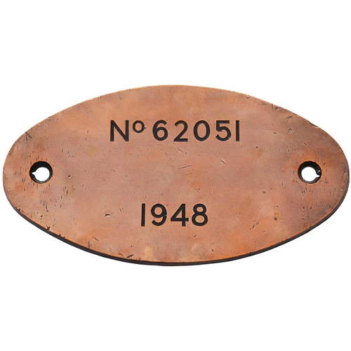 132 - A locomotive numberplate, No 62051, 1948, from a Peppercorn K1 Class 2-6-0 built by the North Britis... 