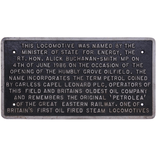 133 - A locomotive naming plaque for a Class 47 locomotive, 47084 PETROLEA. Refers to the GER oil fired st... 