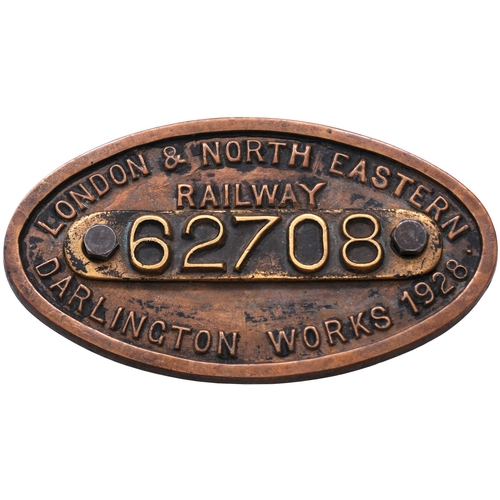 135 - A worksplate, LONDON & NORTH EASTERN RAILWAY, 62708, DARLINGTON, 1928, from a LNER D49 Shire Class 4... 