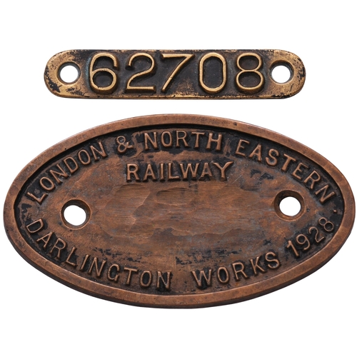 135 - A worksplate, LONDON & NORTH EASTERN RAILWAY, 62708, DARLINGTON, 1928, from a LNER D49 Shire Class 4... 