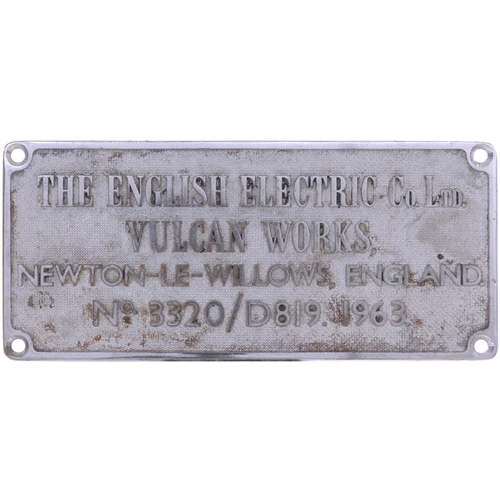 162 - A worksplate, ENGLISH ELECTRIC/VULCAN FOUNDRY, 3320/D819, 1963, from a BR Class 37 No D6845, renumbe... 