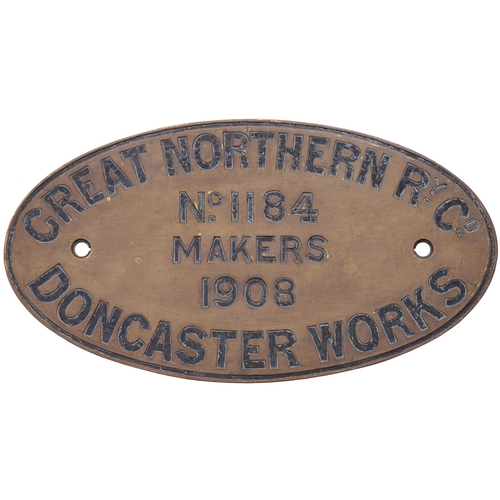 164 - A worksplate, GREAT NORTHERN Ry Co, DONCASTER WORKS, 1184, 1908, from a GNR/LNER N1 Class 0-6-2T No ... 