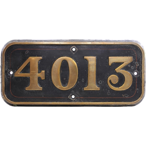 171 - A GWR cabside numberplate, 4013, from a 4000 Star Class 4-6-0 built at Swindon in March 1908 and nam... 