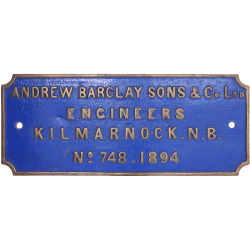 A worksplate ANDREW BARCLAY, KILMARNOCK NB, No 748 of 1894. From a standard gauge 0-4-0ST new to Accrington Brick & Tile Co, Ltd, Lancashire where it was named NORI. Rebuilt by Andrew Barclay in 1947 under repair number 9480. Acquired by the National Coal Board at the nearby Huncoat Colliery in August 1962 as part share of assets following closure of the brickworks. Never used by the NCB and scrapped around July 1965. Cast brass, 18¾"x7¾", the front repainted. (NB = North Britain, i.e. Scotland) (Postage Band: C)