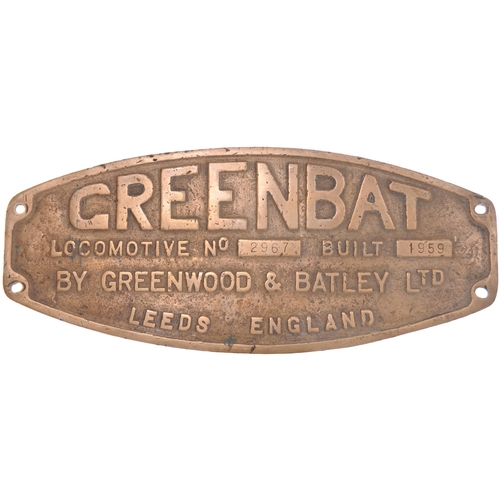 180 - A worksplate, GREENBAT, 2967, 1959. From a 2ft gauge 4-wheel flameproofed battery locomotive built b... 