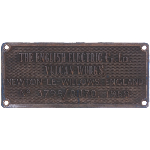 188 - A worksplate, ENGLISH ELECTRIC/VULCAN WORKS, 3799/D1170, 1968, from a BR Class 50 No D429, renumbere... 