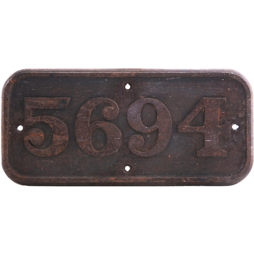 192 - A GWR cabside numberplate, 5694, from a 5600 Class 0-6-2T built at Swindon in January 1927. It spent... 