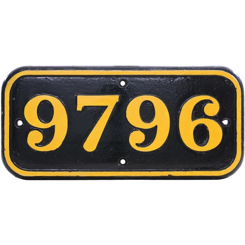 198 - A GWR cabside numberplate, 9796, from a 8750 Class 0-6-0PT built at Swindon in September 1936. Alloc... 