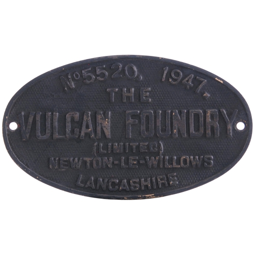 201 - A worksplate VULCAN FOUNDRY, 5520, 1947, from a LNER B1 Class 4-6-0 No 1162 which became BR 61162. I... 