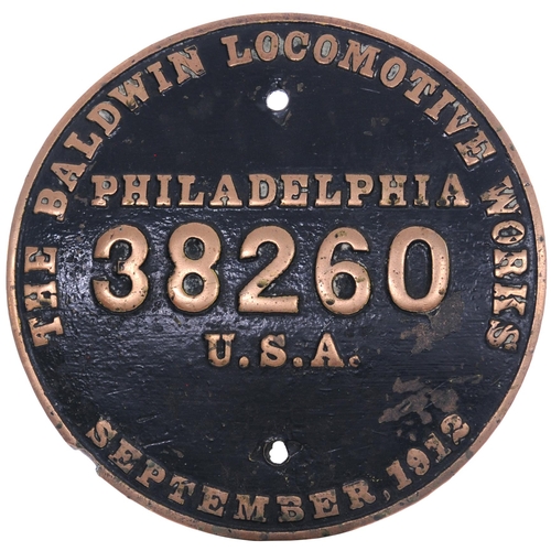 209 - A worksplate, BALDWIN, 38260, September 1912, from a Great Northern Railway of the USA standard gaug... 