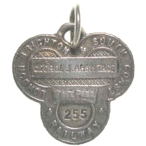 219 - An LB&SCR director's pass, George J Armitage, trefoil design with coat of arms, silver, 1