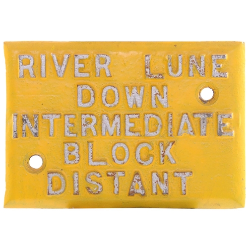 235 - A group of LNWR signal lever description plates, RIVER LUNE DOWN INTERMEDIATE BLOCK DISTANT LUNE SID... 