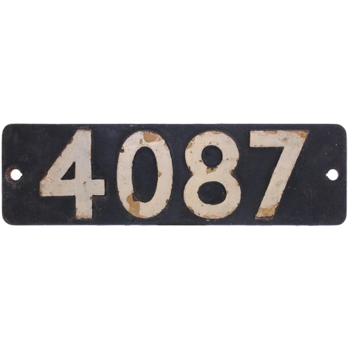 258 - A smokebox numberplate, 4087, from GWR 4073 Castle Class 4-6-0 CARDIGAN CASTLE. Ex loco condition. (... 