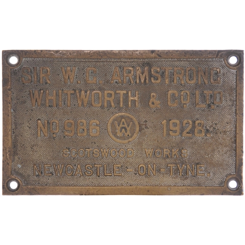 260 - A worksplate, ARMSTRONG WHITWORTH, 986, 1928, from a GWR 5600 Class 0-6-2T No 6698, the penultimate ... 