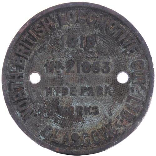 266 - A worksplate, NORTH BRITISH LOCOMOTIVE Co, 21863, 1918, from a Robinson Great Central type 2-8-0 bui... 