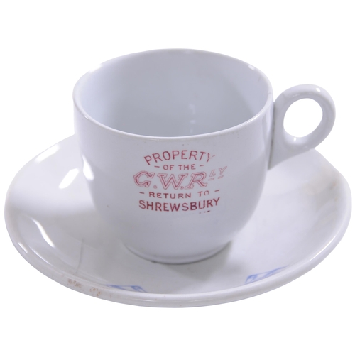 267 - A selection of unusual GWR related china, (a) teacup, PROPERTY OF THE GWR, RETURN TO SHREWSBURY, red... 