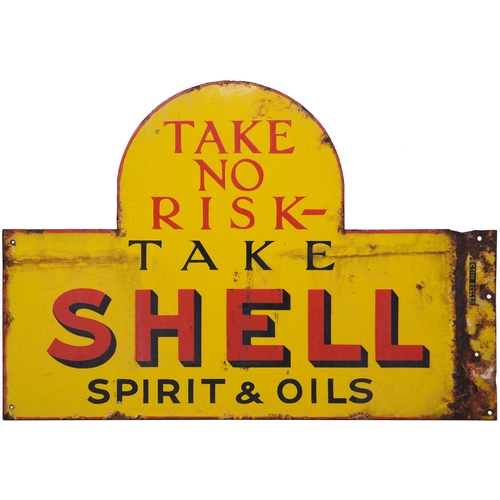 276 - An advertising sign, TAKE NO RISK - TAKE SHELL SPIRIT & OILS, a double-sided bracket sign, enamel, o... 