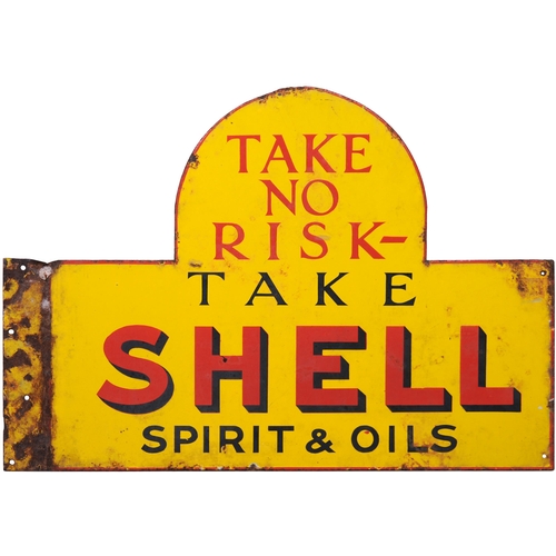 276 - An advertising sign, TAKE NO RISK - TAKE SHELL SPIRIT & OILS, a double-sided bracket sign, enamel, o... 