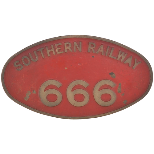 280 - A cabside numberplate, SOUTHERN RAILWAY 666, from a London & South Western Railway X6 Class 4-4-0 bu... 