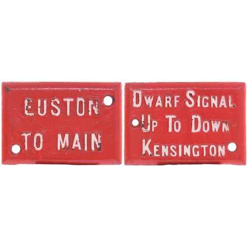 296 - A pair of LNWR signal lever description plates, DWARF SIGNAL UP TO DOWN KENSINGTON, also EUSTON TO M... 