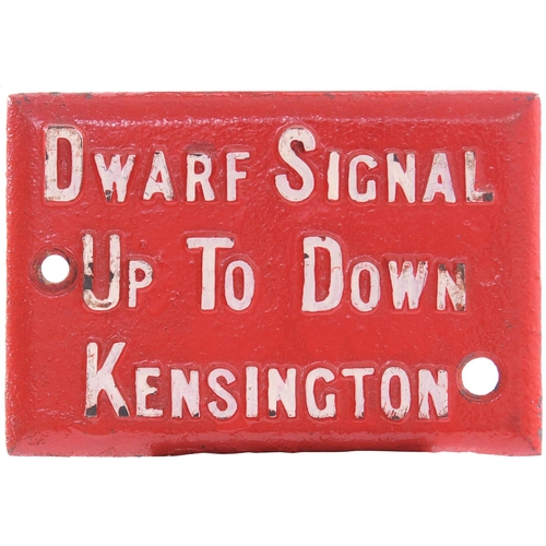 296 - A pair of LNWR signal lever description plates, DWARF SIGNAL UP TO DOWN KENSINGTON, also EUSTON TO M... 