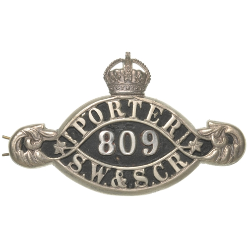 297 - An LB&SCR and LSWR Joint cap badge, SW&SCR PORTER 809, as used on the Tooting, Merton and Wimbledon ... 