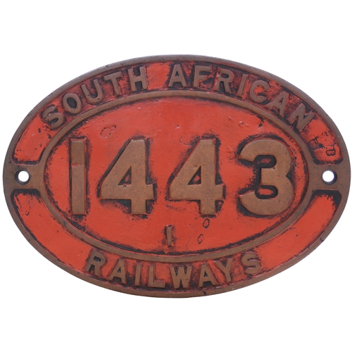 302 - A South African Railways cabside numberplate, 1443, from a 3ft 6ins gauge Class 1 4-8-0 built by the... 