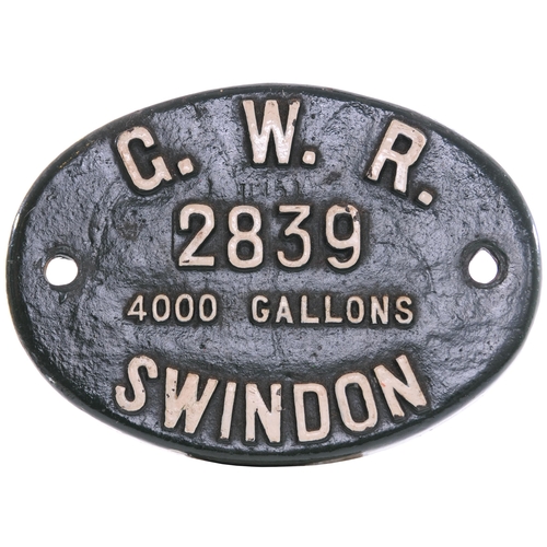 322 - A tenderplate, G.W.R. 2839, 4000 GALLONS SWINDON, from a Standard Collett tender, part of Swindon Lo... 